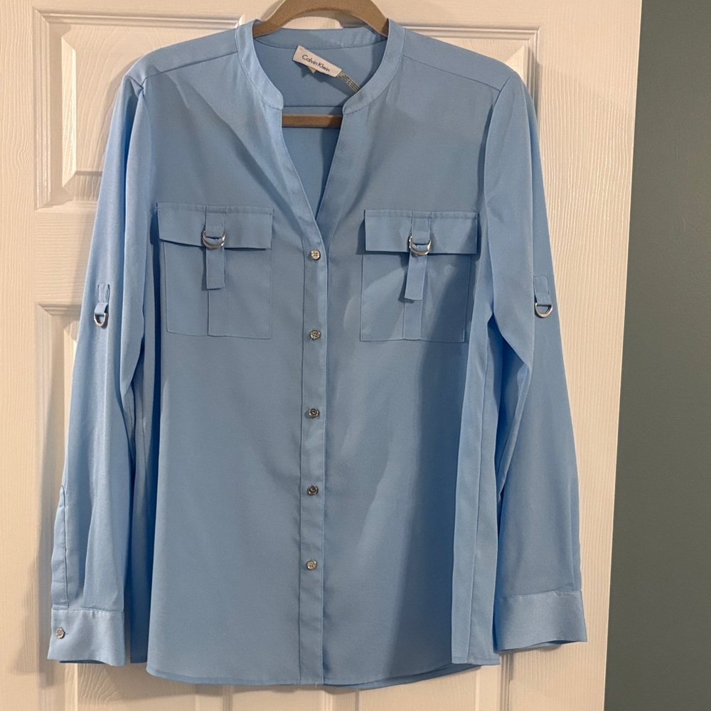 Calvin Klein Sky Blue Utility Button-Down Blouse